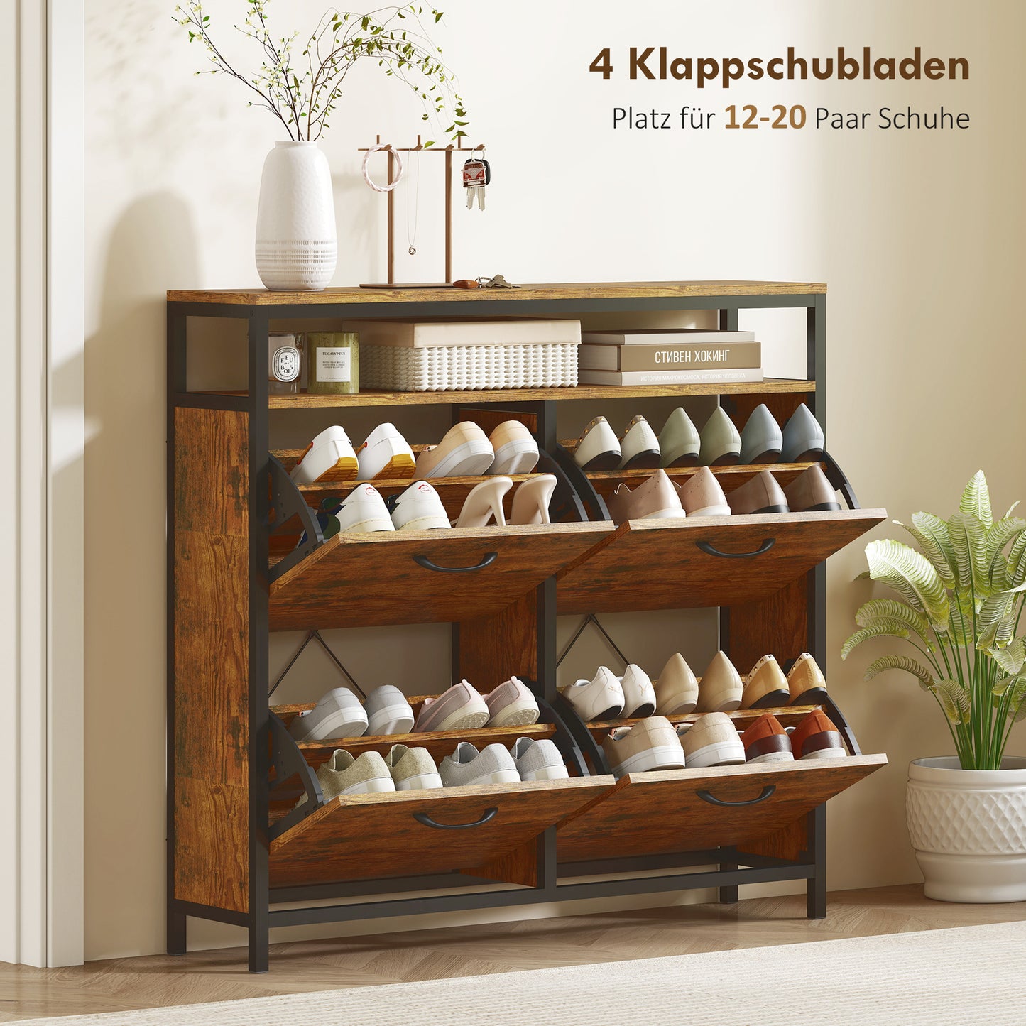 Schoenenkast – Schoenenrek – Schoenenopberger – Schoenendisplay – Schoenenmeubel – Rustic-Bruin – Smal Ontwerp – 4 Opvouwbare Lades
