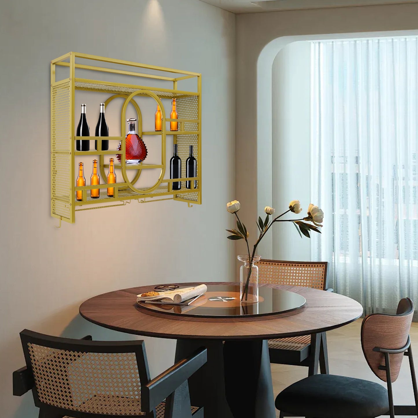 Wandwijnkast – Wijnrek – Wijnhouder – Flessenrek – Glazenhouder – Gouden Kleur – 39 Flessen Capaciteit – Stevig IJzeren Frame