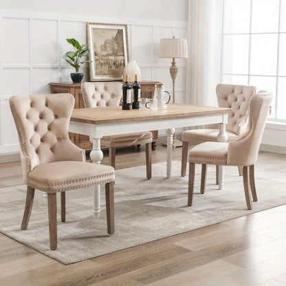Eetkamerstoel – Stoel – Kuipstoel – Keukenstoel – Woonkamerstoel – Beige Velvet Bekleding – Massief Rubberwood Poten – Unieke Deurknop Achterzijde – Decoratieve Spijkernaad