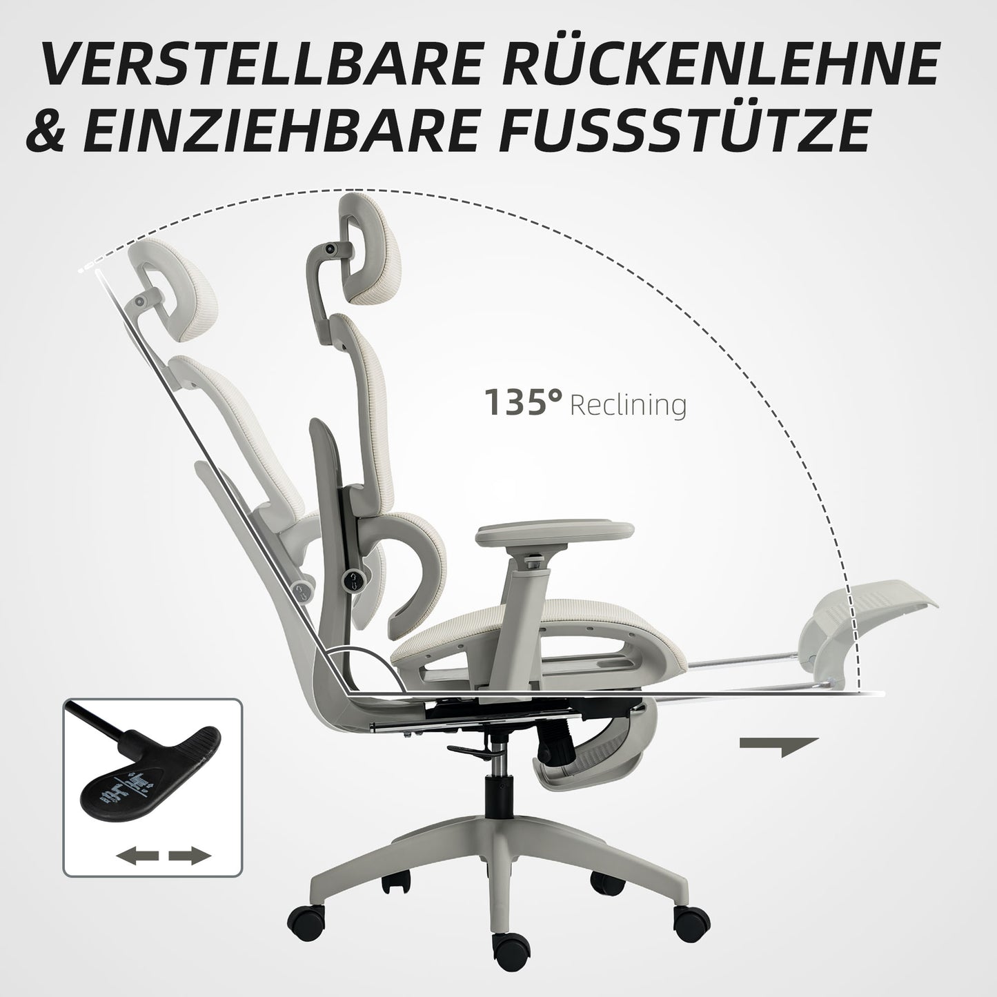 Bureaustoel – Ergonomische Stoel – Kantoorstoel – Draaistoel – Computerstoel – Ademend Mesh Stof – Verstelbare Hoogte en Rugleuning – Inklapbare Armleuningen – Met Hoofdsteun – Beige