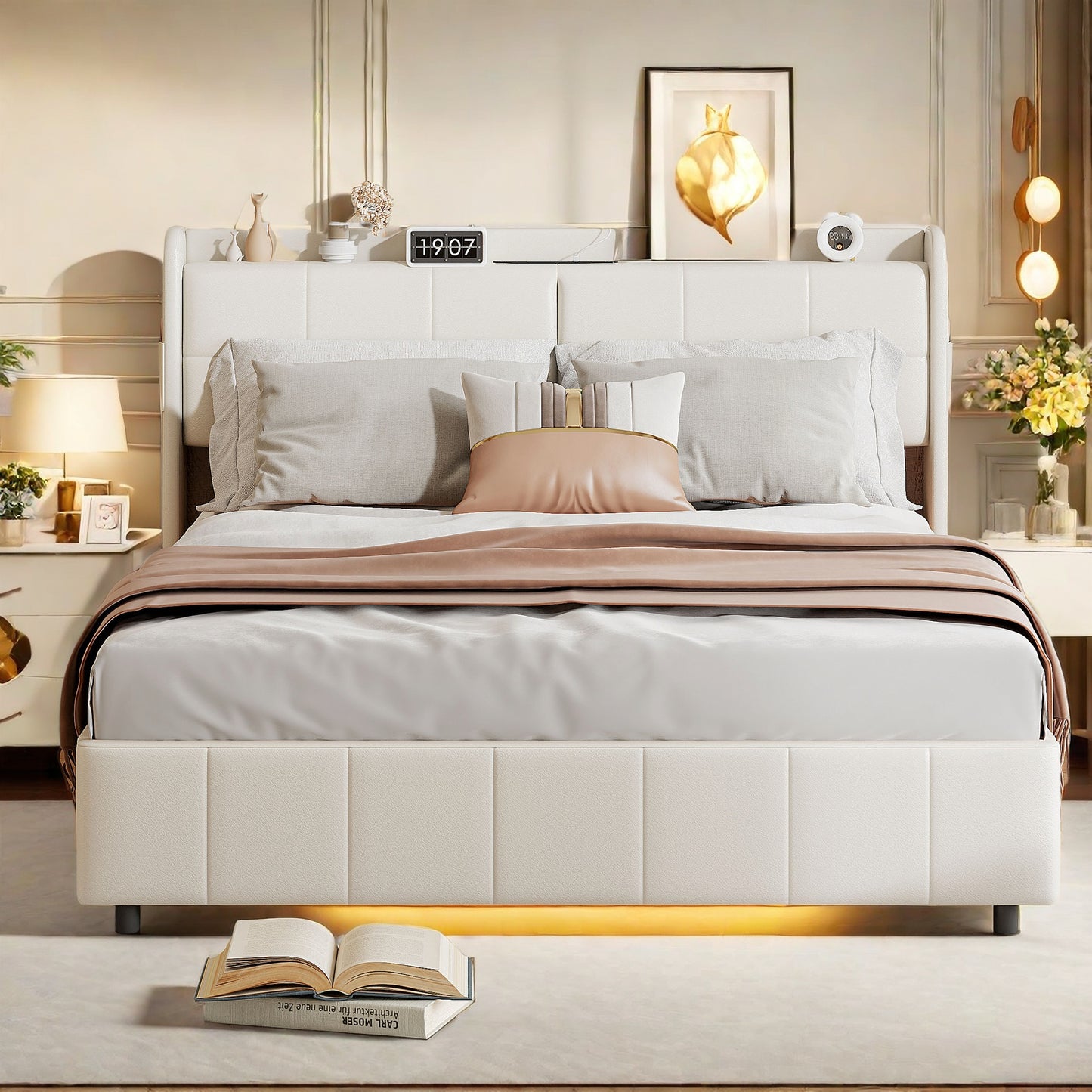 Tweepersoonsbed – Bed Met Opbergruimte – Opbergbed – Led Bed – Slaapkamerbed – 160x200 cm – PU Leder – Met USB Oplaadpunten