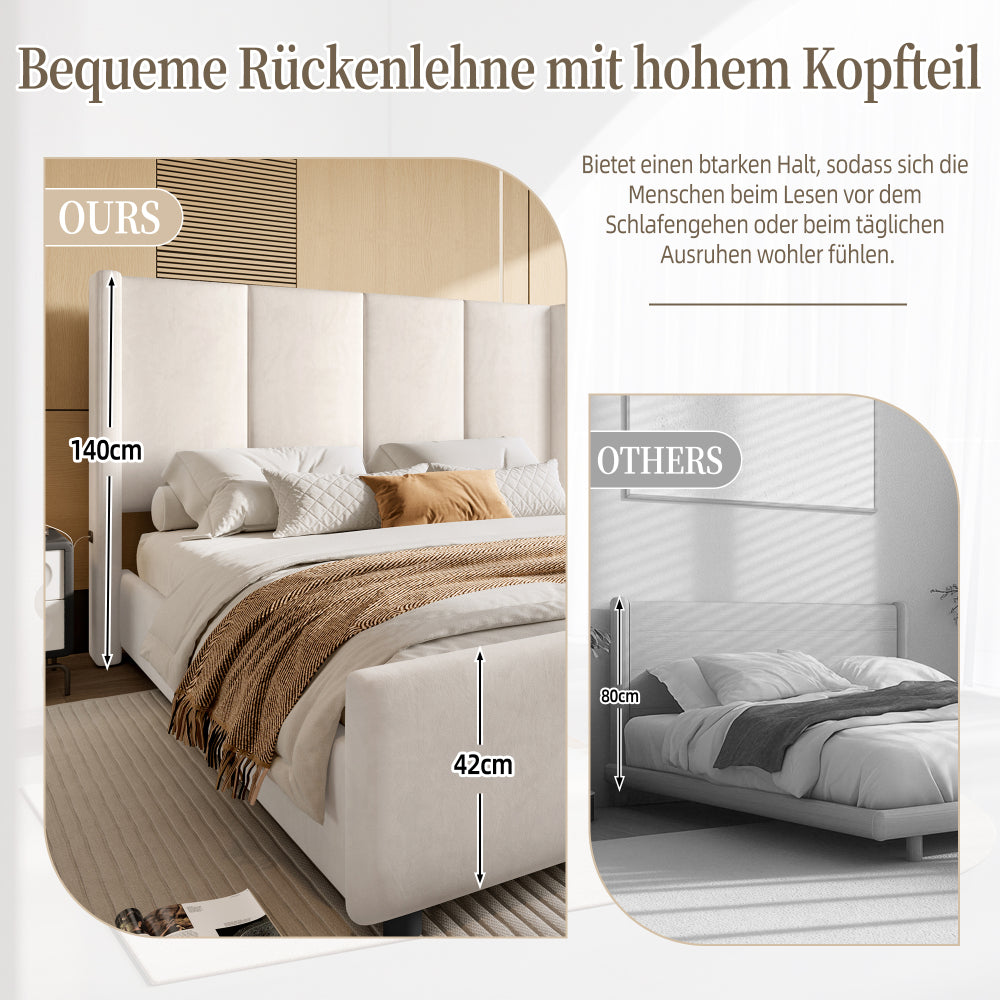 Boxspringbed – Bedframe – Slaapbed – Stofbed – Gestoffeerd Bed – Donkergrijs – 140x190 cm – Hoog Hoofdbord – Stevig IJzerhout Frame