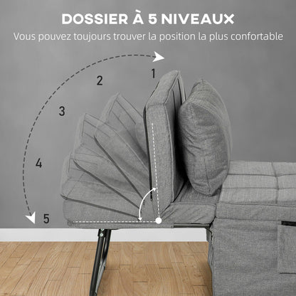 Fauteuil – Relaxstoel – Zitslaapbank – Poef – Grijs Linnenstof – 4-in-1 Multifunctioneel – Verstelbare Rugleuning 5 Standen