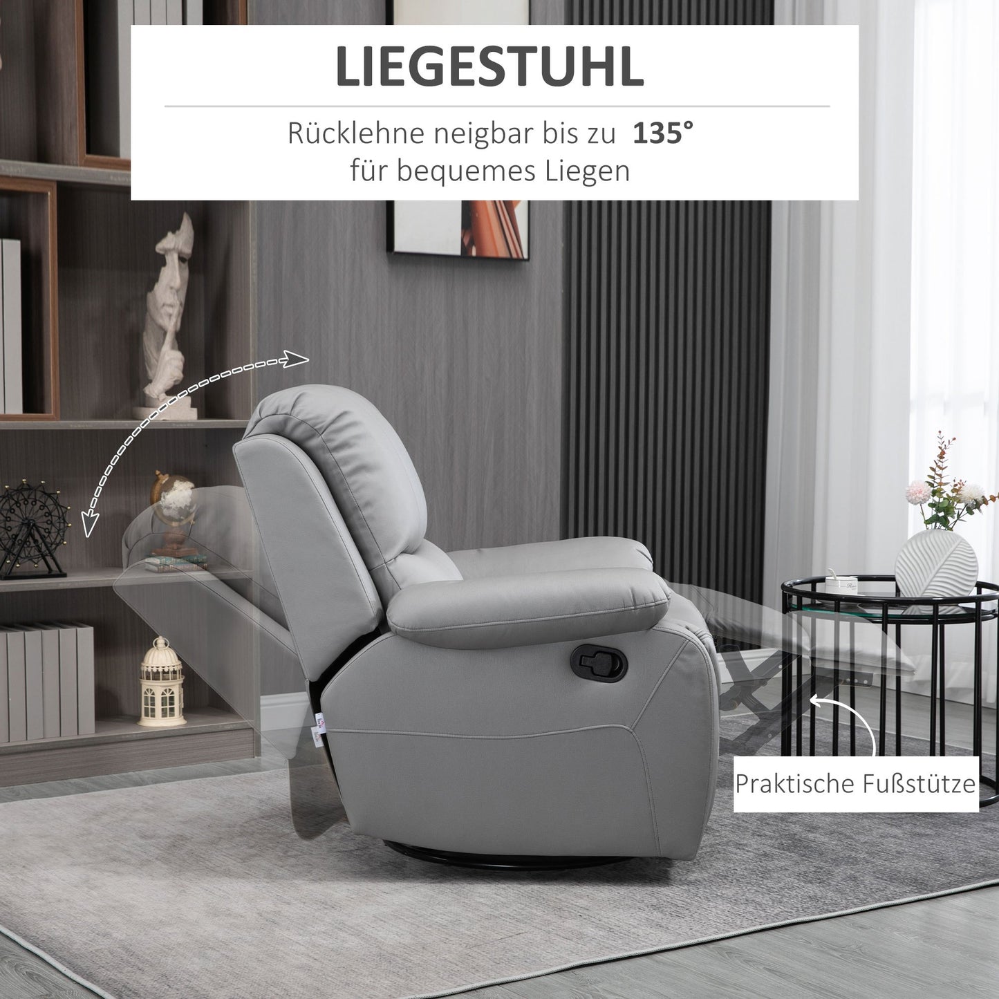 Relaxfauteuil – Relaxstoel – Zitzetel – Tv-stoel – Fauteuil Grijs – Verstelbare Rugleuning – Draaibare Voetensteun