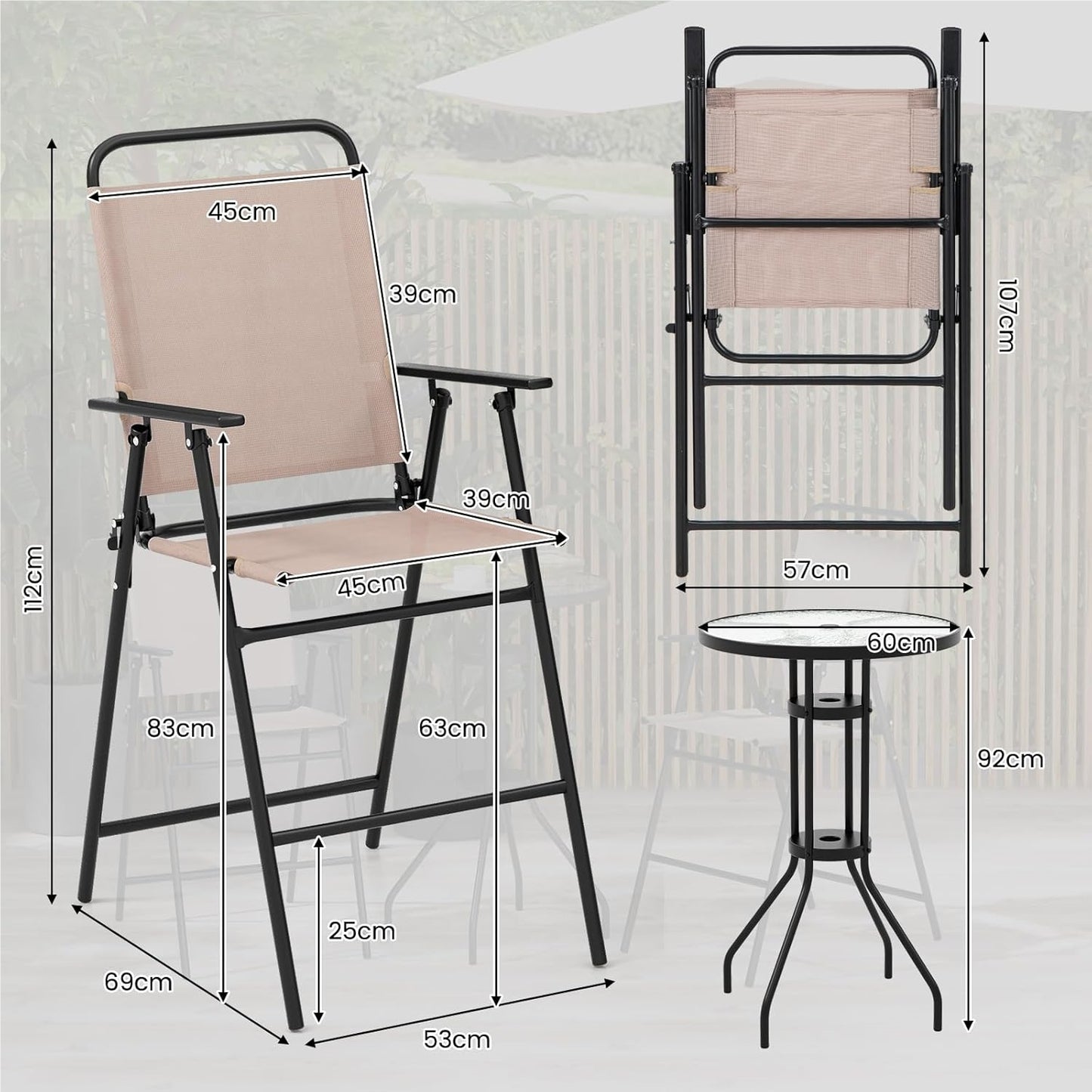 Bistro Tafelset – Balkonset – Tuinmeubelset – Zithoek – Buitentafel Met Stoelen – Gehard Glas – Inklapbare Stoelen – Weerbestendig Beige