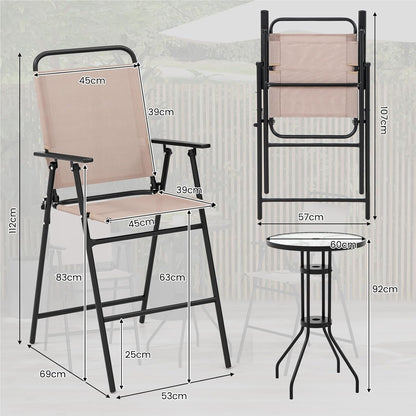 Bistro Tafelset – Balkonset – Tuinmeubelset – Zithoek – Buitentafel Met Stoelen – Gehard Glas – Inklapbare Stoelen – Weerbestendig Beige