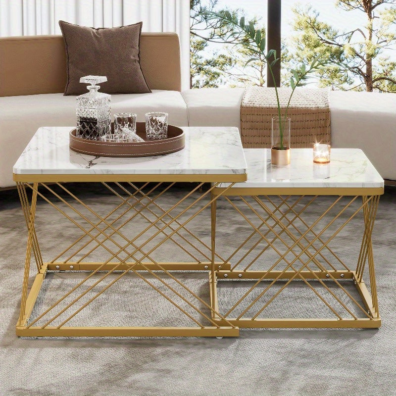 Koffietafel Set – Salontafel – Bijzettafel – Woonkamertafel – Moderne Tafel – Hoogglans Marmer Design – Verstelbare Pootjes 60x60x45cm & 45x45x40cm
