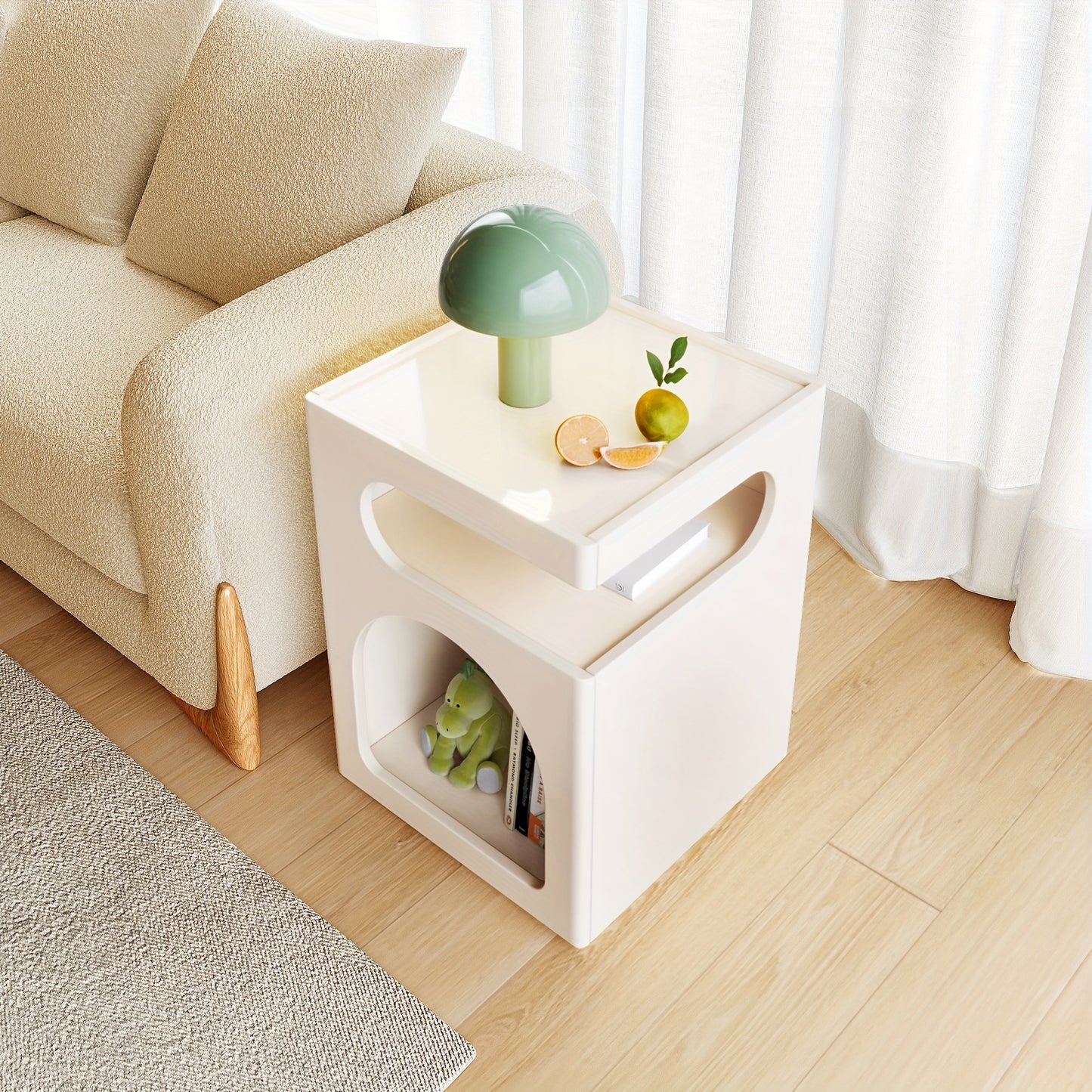 Bijzettafel – Bijzettafeltje – Salontafel – Nachtkastje – Banktafel – Compact Formaat – Hardhouten MDF Blad – Milky White – Open Opbergruimte – Eenvoudige Montage
