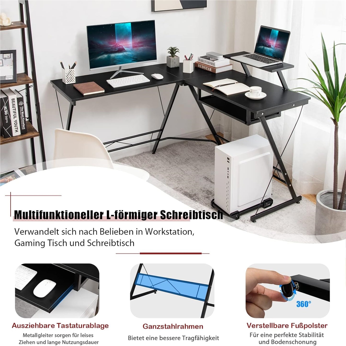 L-vormig Hoekbureau – Hoekdesk – Gamingbureau – Computerbureau – Werkplek Bureau – Verstelbare Monitorstandaard – Robuuste MDF & Stalen Constructie