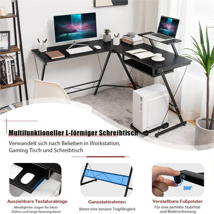 L-vormig Hoekbureau – Hoekdesk – Gamingbureau – Computerbureau – Werkplek Bureau – Verstelbare Monitorstandaard – Robuuste MDF & Stalen Constructie