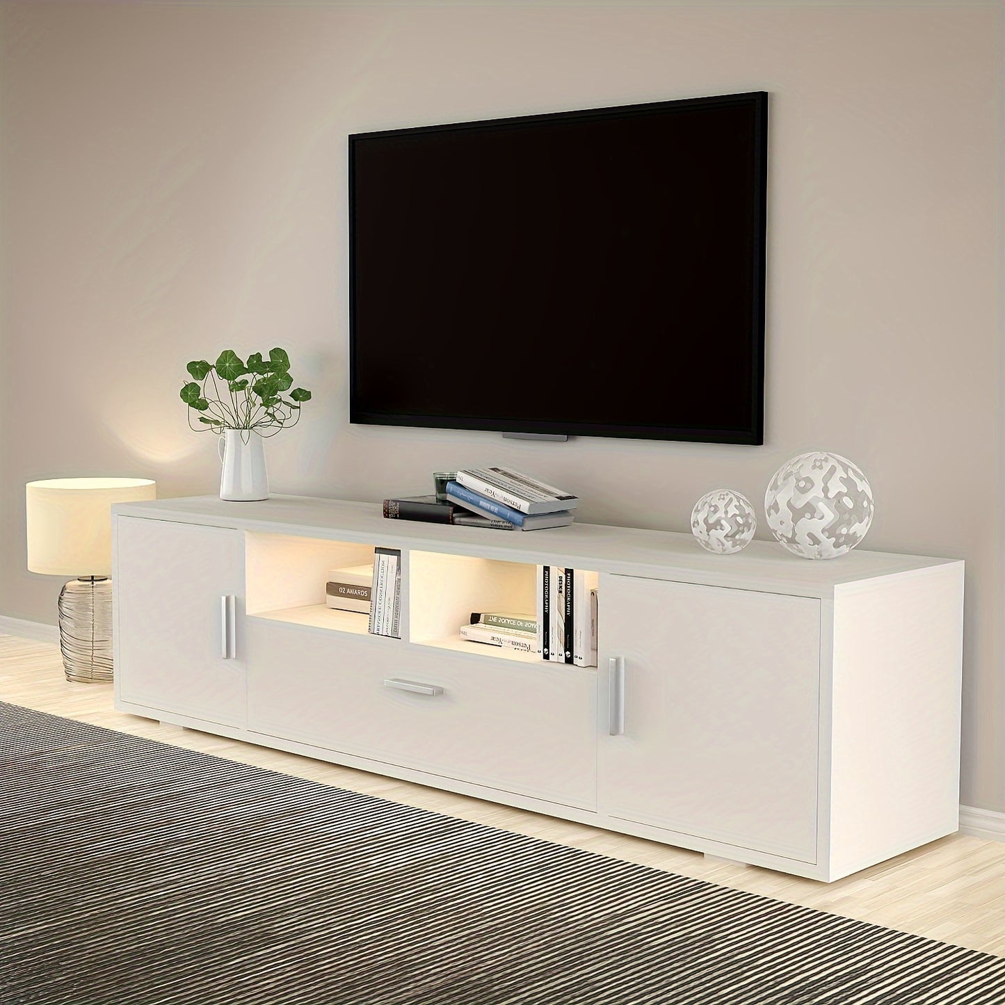 63-Inch TV Cabinet with Tempered Glass Shelf And Multi-Color Lighting, Fits Up to 70-Inch TVs