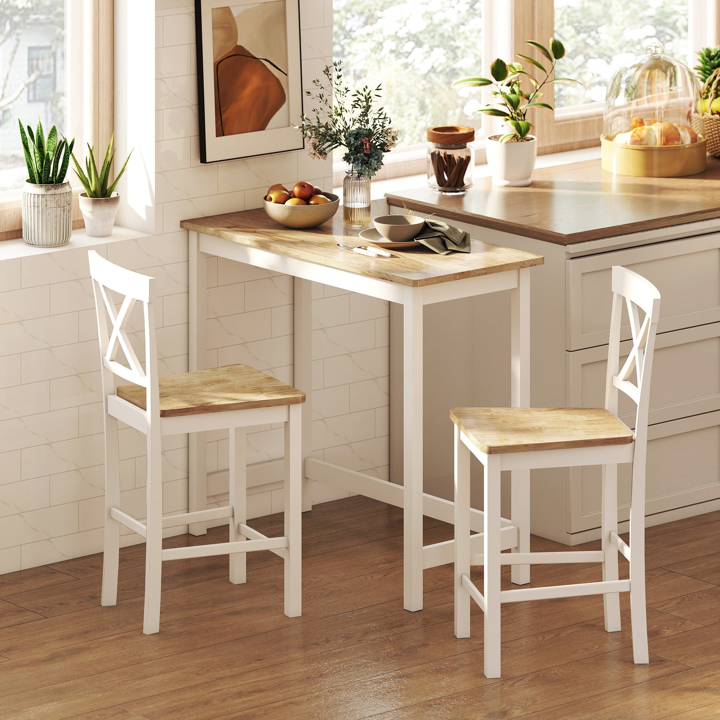 Barstoel – Barkruk – Keukenkruk – Barstoel met Rugleuning – Set van 2 – Rubberwood – Natuurlijk Eiken en Wit – Ergonomisch Design – Zithoogte 60 cm
