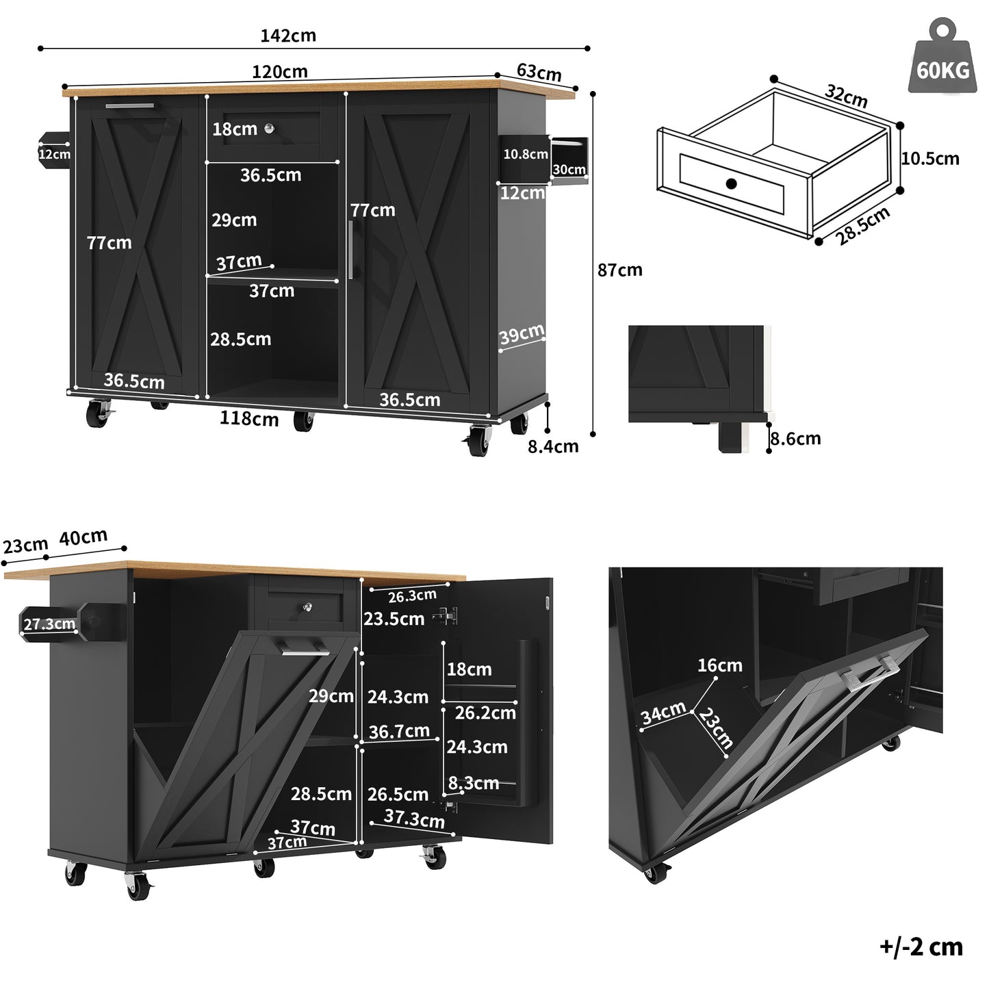 Keukeneiland – Keukentrolley – Keukenkast – Buffetkast – Keukenwagen – Inklapbaar Werkblad – Verstelbare Legplanken – 3D MDF-deuren – Metalen Handgrepen – Zwart – 142×40/63×87 cm