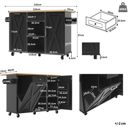 Keukeneiland – Keukentrolley – Keukenkast – Buffetkast – Keukenwagen – Inklapbaar Werkblad – Verstelbare Legplanken – 3D MDF-deuren – Metalen Handgrepen – Zwart – 142×40/63×87 cm