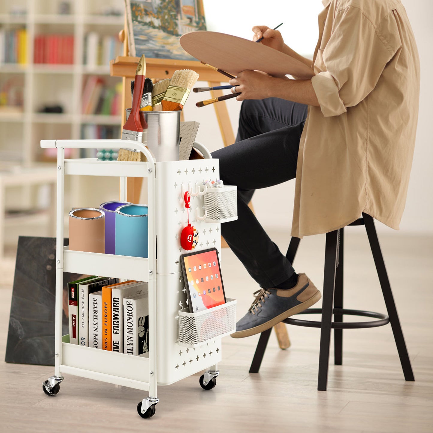 Opbergrek – Opbergtrolley – Stellingkast – Opbergwagen – Opbergrek – Metalen Frame – Ruimtebesparend Design – 3 Laags – Wit – Pegboards Met Haken En Bakken – Duurzaam Koolstofstaal