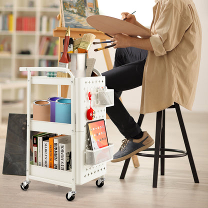 Opbergrek – Opbergtrolley – Stellingkast – Opbergwagen – Opbergrek – Metalen Frame – Ruimtebesparend Design – 3 Laags – Wit – Pegboards Met Haken En Bakken – Duurzaam Koolstofstaal
