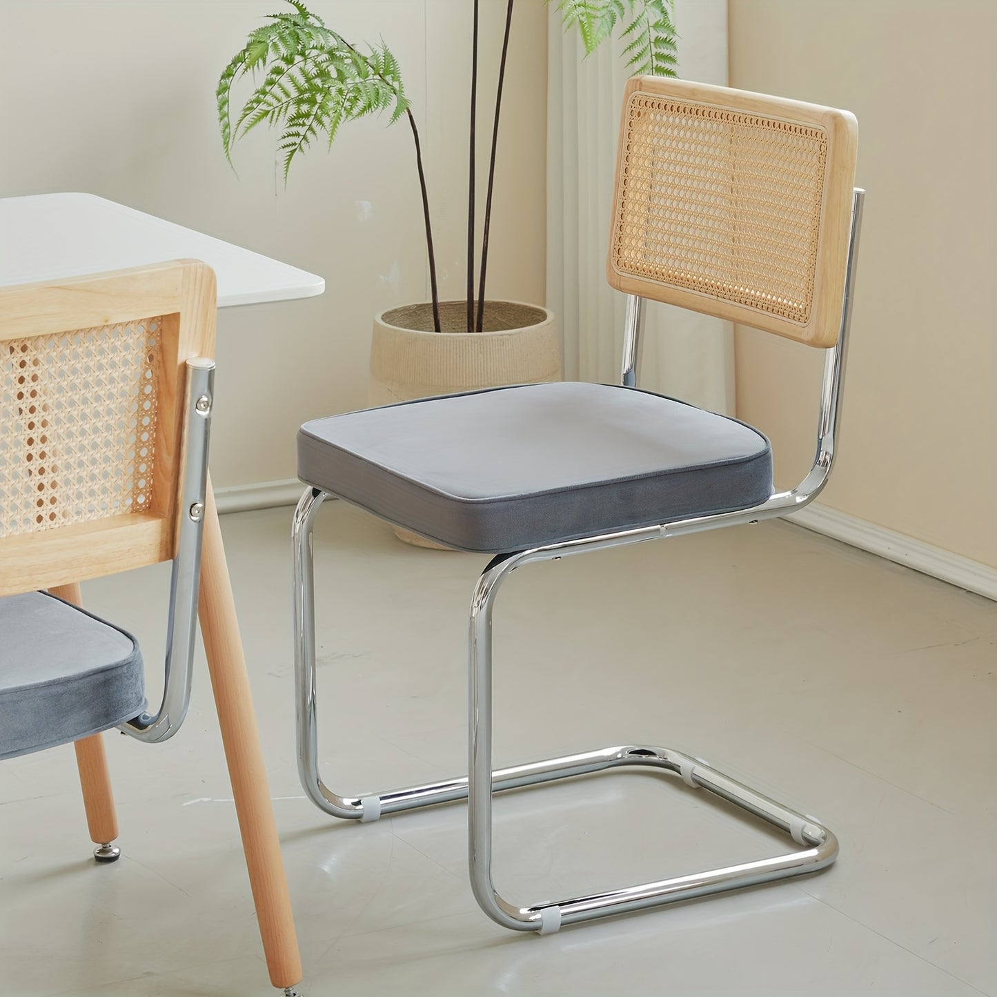 Eetkamerstoelen – Stoelen – Design Stoelen – Keukenstoelen – Set van 4 – Grijze Velvet Bekleding – Handgeweven Rieten Rugleuning – Massief Houten Frame – Comfortabele Zitting – Onderhoudsvriendelijk