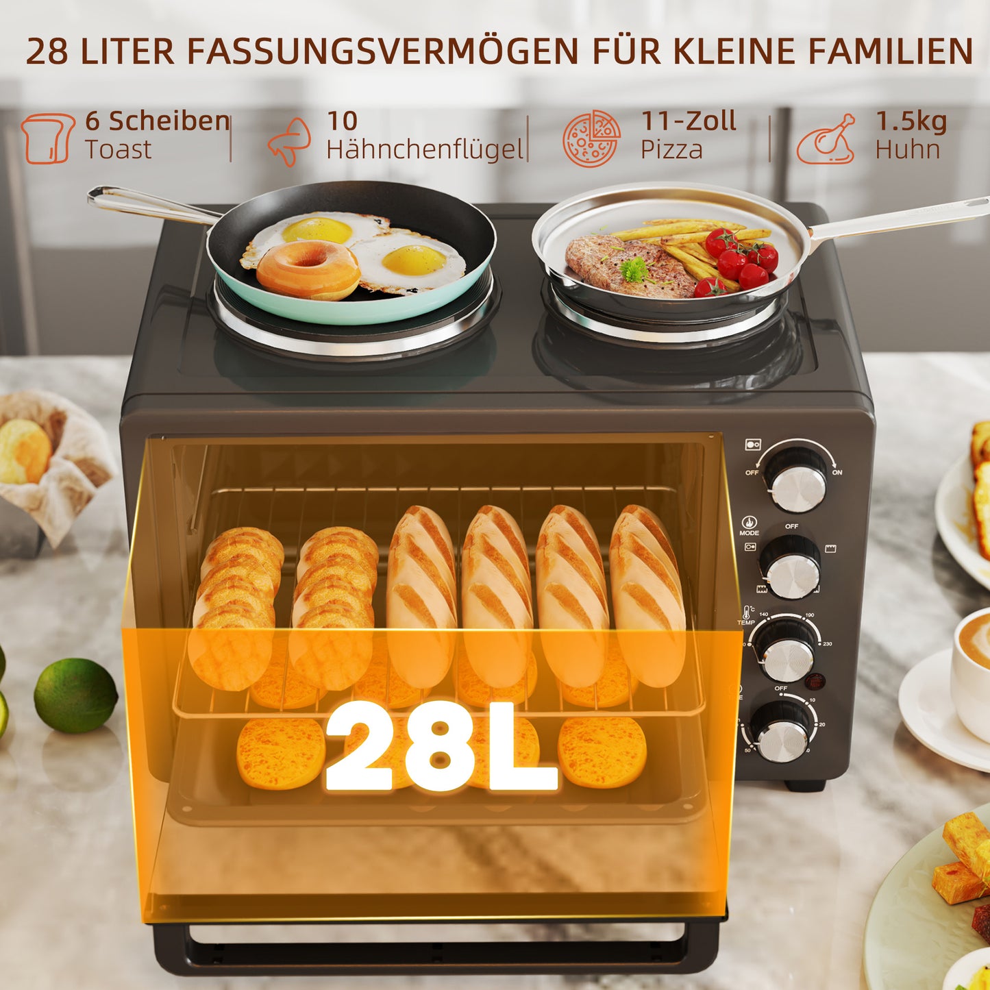 Mini Oven – Mini Oven Met Grill – Tafeloven – Elektrische Oven – Bakoven – 28L Inhoud – 2600W Vermogen – Zwart