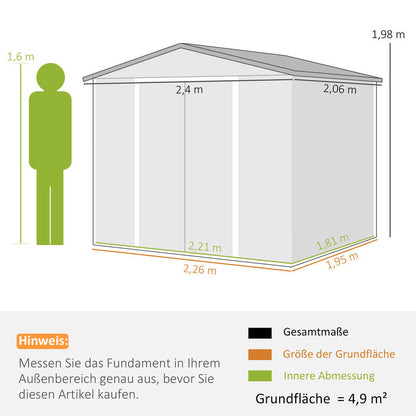 Metal Storage Shed, Weatherproof & Rust-Resistant, Lockable, 2.40 X 2.06 X 1.98 M, Teak, Temporary, Removable. Sturdy And Durable Outdoor Storage Space, Garden House, Tool Room, Yard Storage.