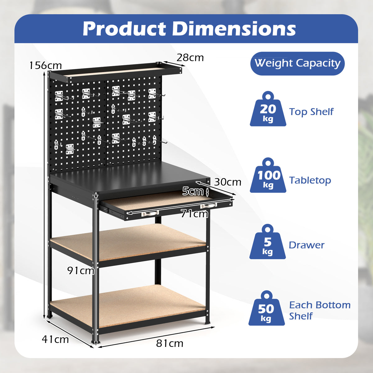 Werkbank – Werktafel – Klusbank – Werkplek – Pegboard – 32" x 16" – 20 Gereedschapshaken – Draagvermogen 495 lbs