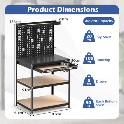 Werkbank – Werktafel – Klusbank – Werkplek – Pegboard – 32" x 16" – 20 Gereedschapshaken – Draagvermogen 495 lbs