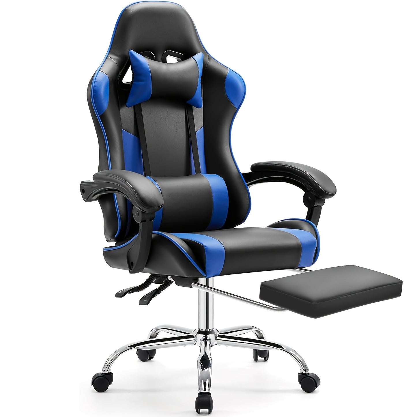 Ergonomische Gamingstoel – Bureaustoel – Werkstoel – Computestoel – Office Chair – 360° Draaibaar – Verstelbare Zithoogte – Memory Foam – Uitschuifbare Voetensteun – Metalen Frame – Blauw