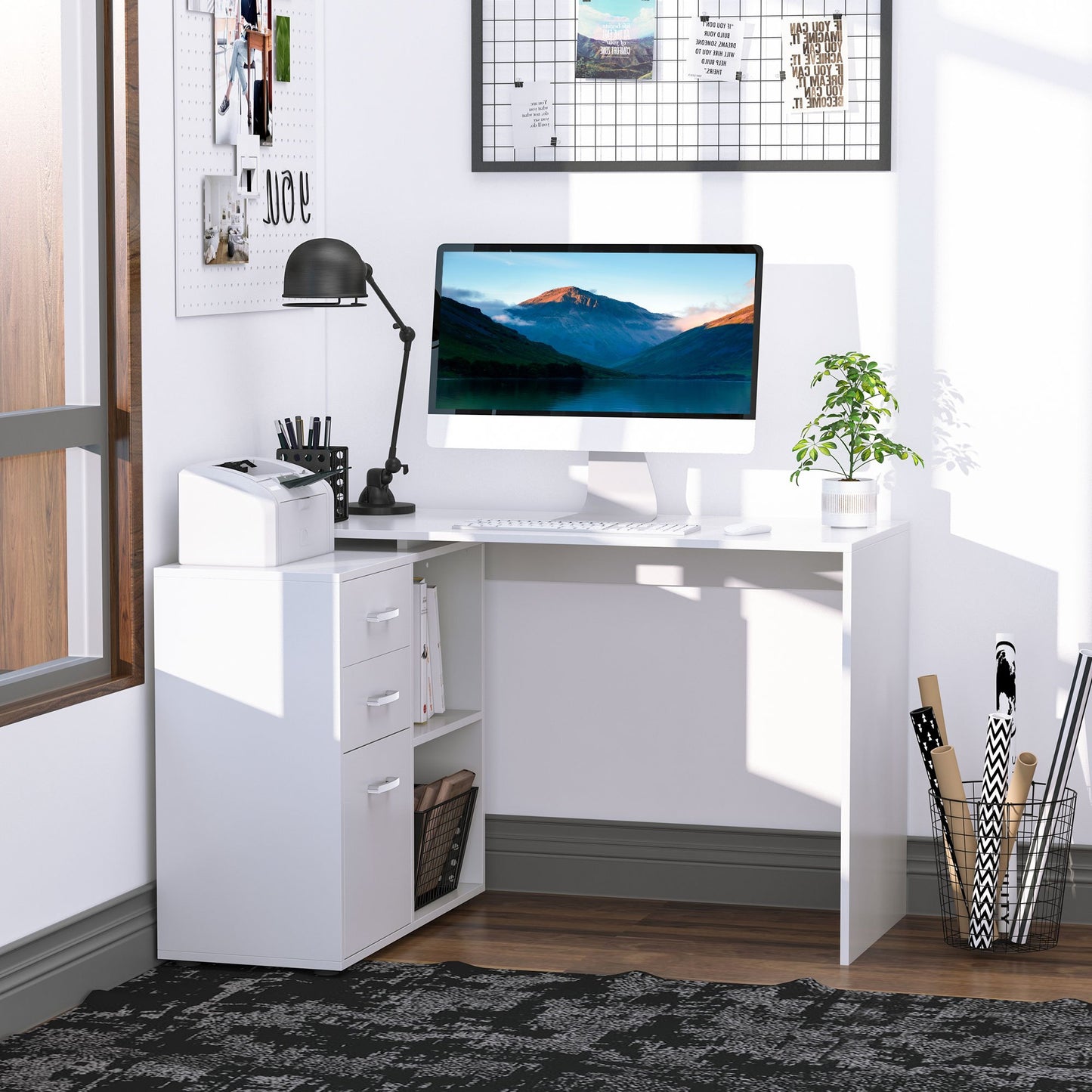 Hoekbureau – Computerbureau – Bureautafel – Modulair Bureau – Eettafel – MDF Wit – 2 Configuraties – 3 Lades & 2 Open Vakken