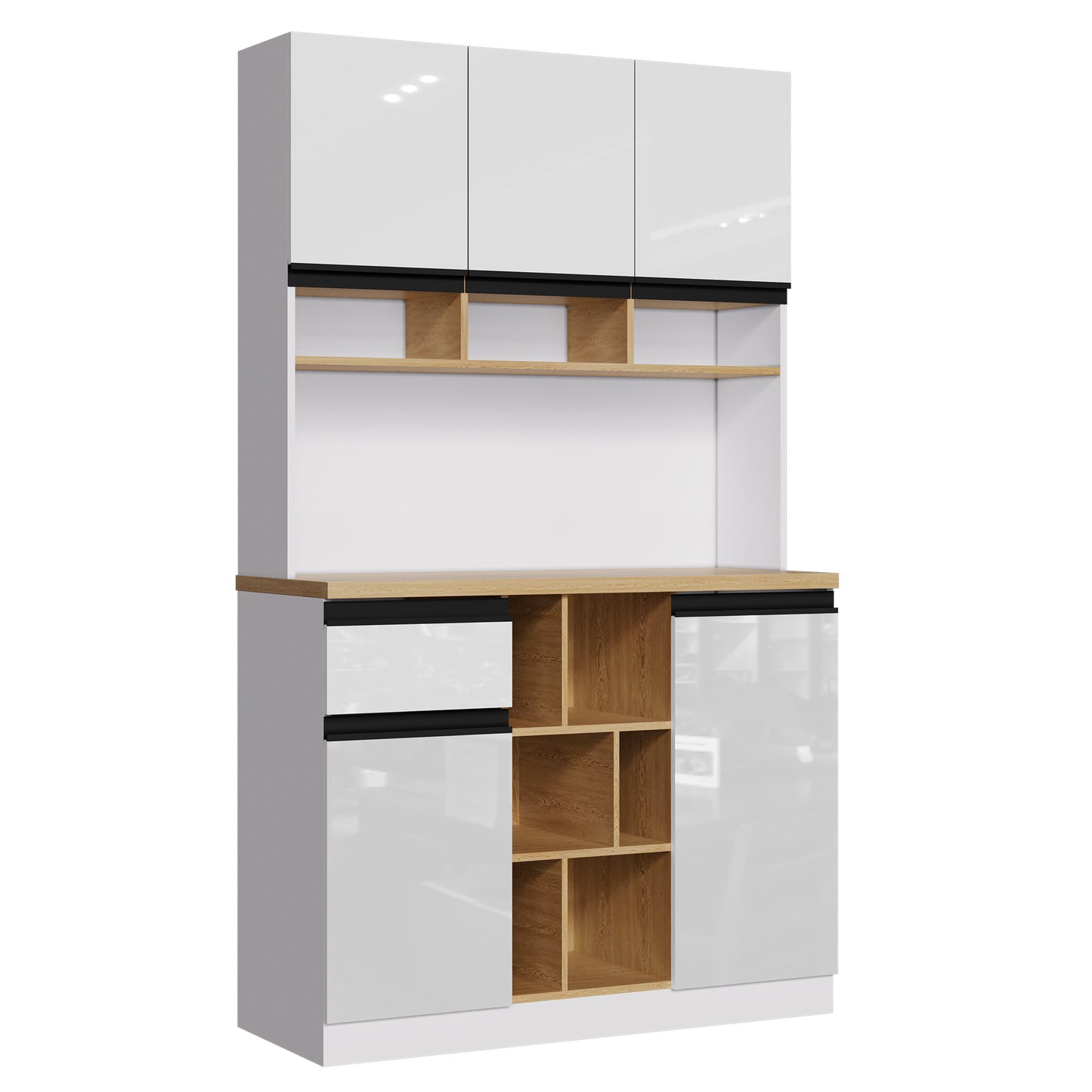 Buffetkast – Hoge Kast – Opbergkast – Dressoir – Keukenkast – Hoogglans Wit – Zwarte Metalen Handgrepen – 185 cm Hoog – Verstelbare Planken & Anti-Kantelbeveiliging