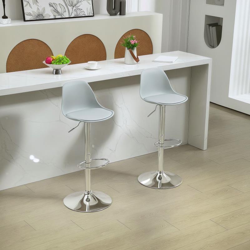 Barstoel – Barkruk – Barstoel Kruk – Keukenstoel – Barstoelen Set van 2 – Verstelbaar – 360° Draaibaar – Kunstleer – Stalen Frame – Met Rugleuning – Grijs