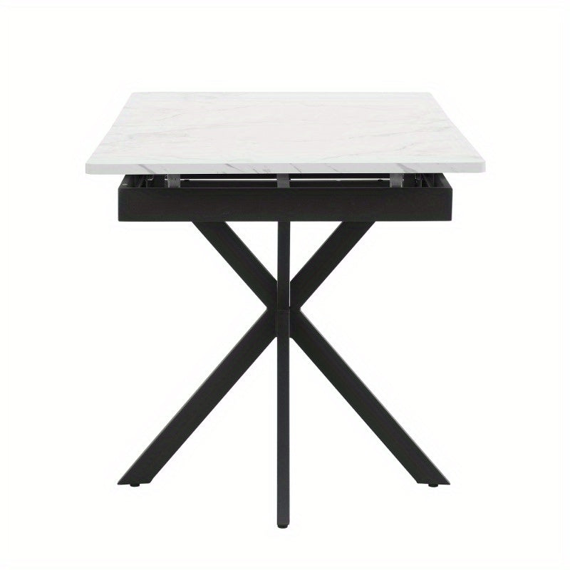 Verstelbare Eettafel – Zelf Uitbreidbare Tafel – Rechthoekige Koffietafel – Vrije Tijd Tafel – Eetkamer Tafel – Marmerlook Bovenblad – Kruisvormig Metaal Onderstel