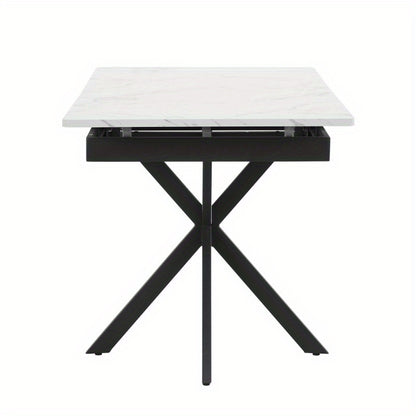 Verstelbare Eettafel – Zelf Uitbreidbare Tafel – Rechthoekige Koffietafel – Vrije Tijd Tafel – Eetkamer Tafel – Marmerlook Bovenblad – Kruisvormig Metaal Onderstel