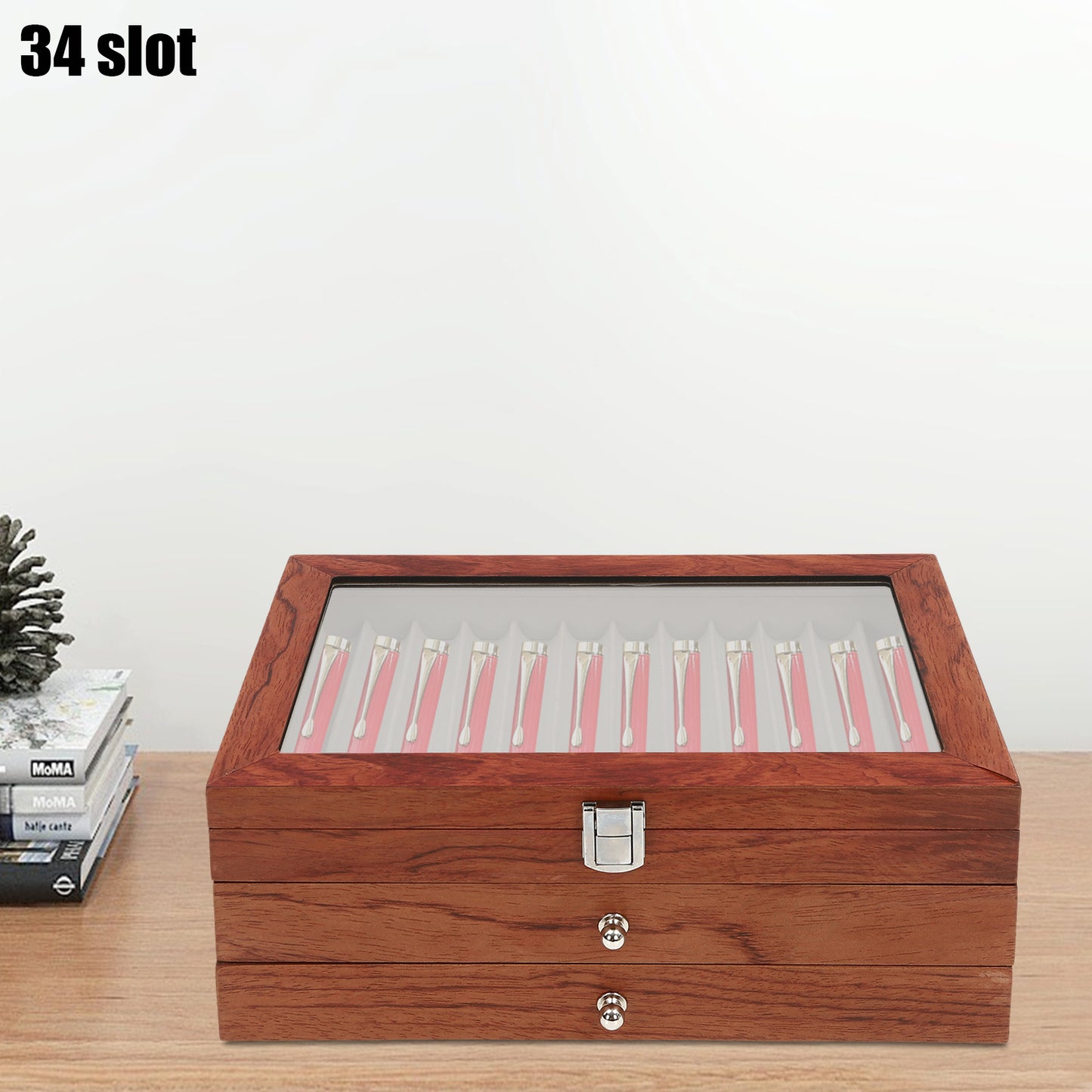 Penbox – Pennendoos – Pennenhouder – Bureau Organizer – Pennenetui – Massief Rozenhout – 34 Vakjes – Veilige Sluiting