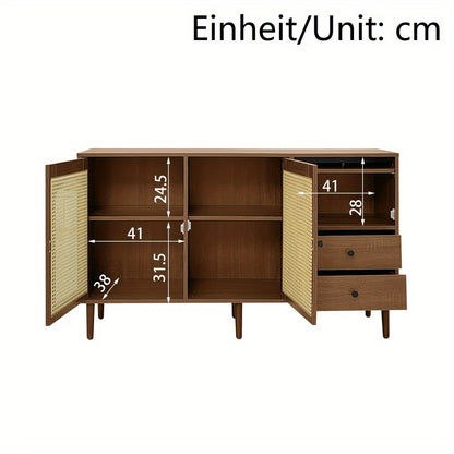 Dressoir – Sideboard – Opbergkast – Kast – Buffetkast – Landelijke Stijl – Rieten Deuren – Magnetische Sluiting – Verstelbare Legplanken – 130 x 75,5 x 40 cm – Stevige Constructie