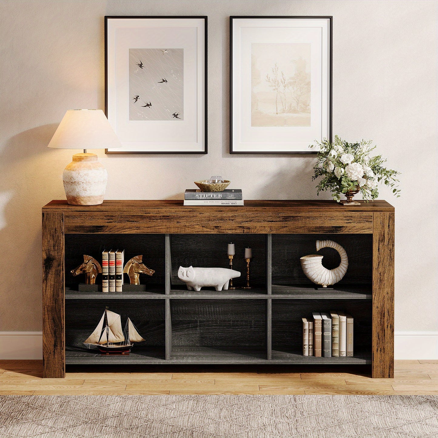 Sidetable – Consoletafel – Haltafel – Wandtafel – Bijzettafel – 160 cm Wit – 6 Open Vakken – Duurzaam Hout en MDF