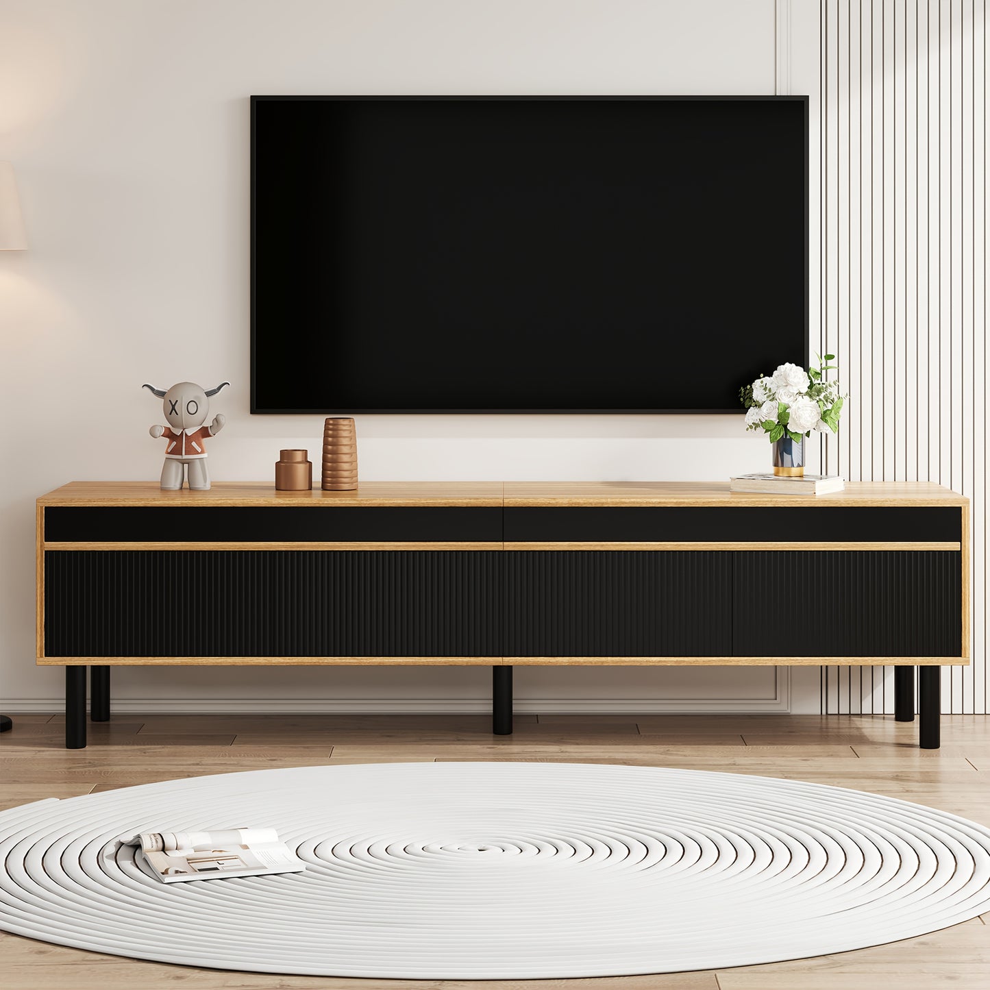 TV Cabinet, TV Stand, TV Panel, And Three-door Base Cabinet. Fine Texture. Available In Black And Natural Wood. Height 47 Cm/ Length 170 Cm/ Width 38 Cm- Heavy-Duty Construction, Spacious Storage, Minimalist Living Room Furni