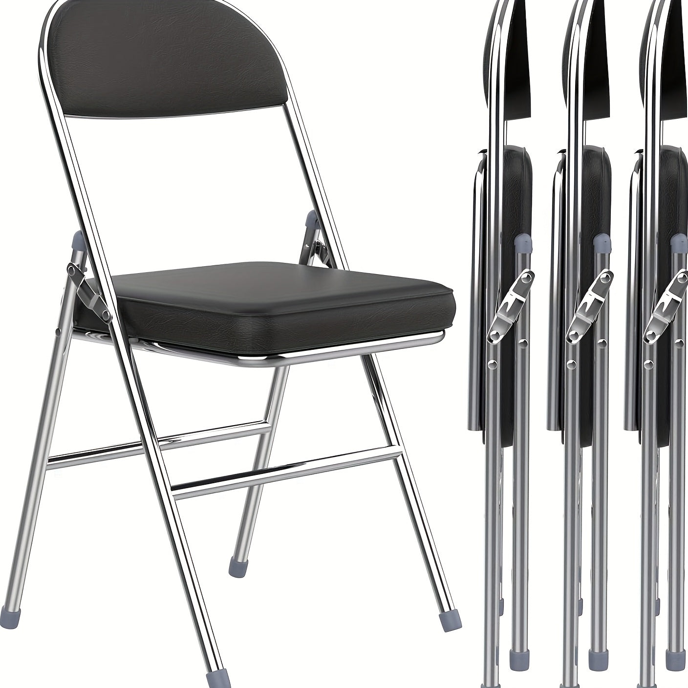 Set of 4 metal folding chairs upholstered in leather, indoor folding chairs, comfortable PU folding chair, foldable, space-saving, for parties picnics, Grey