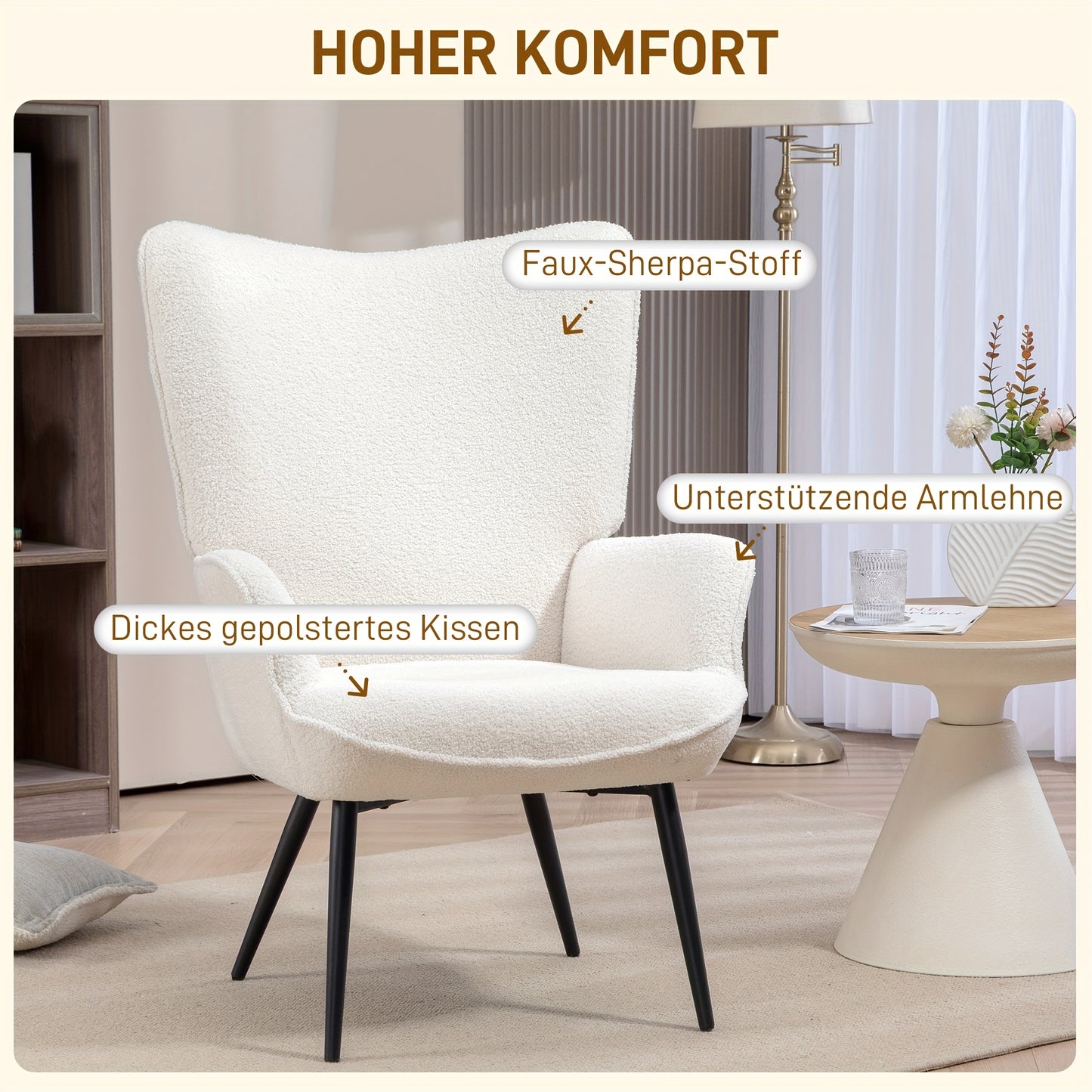 Lounge stoel – Loungestoel – Fauteuil – Relaxstoel – Zithoek stoel – Gestoffeerd met armleuningen – Met metalen poten – Crèmewit – Comfortabele zit