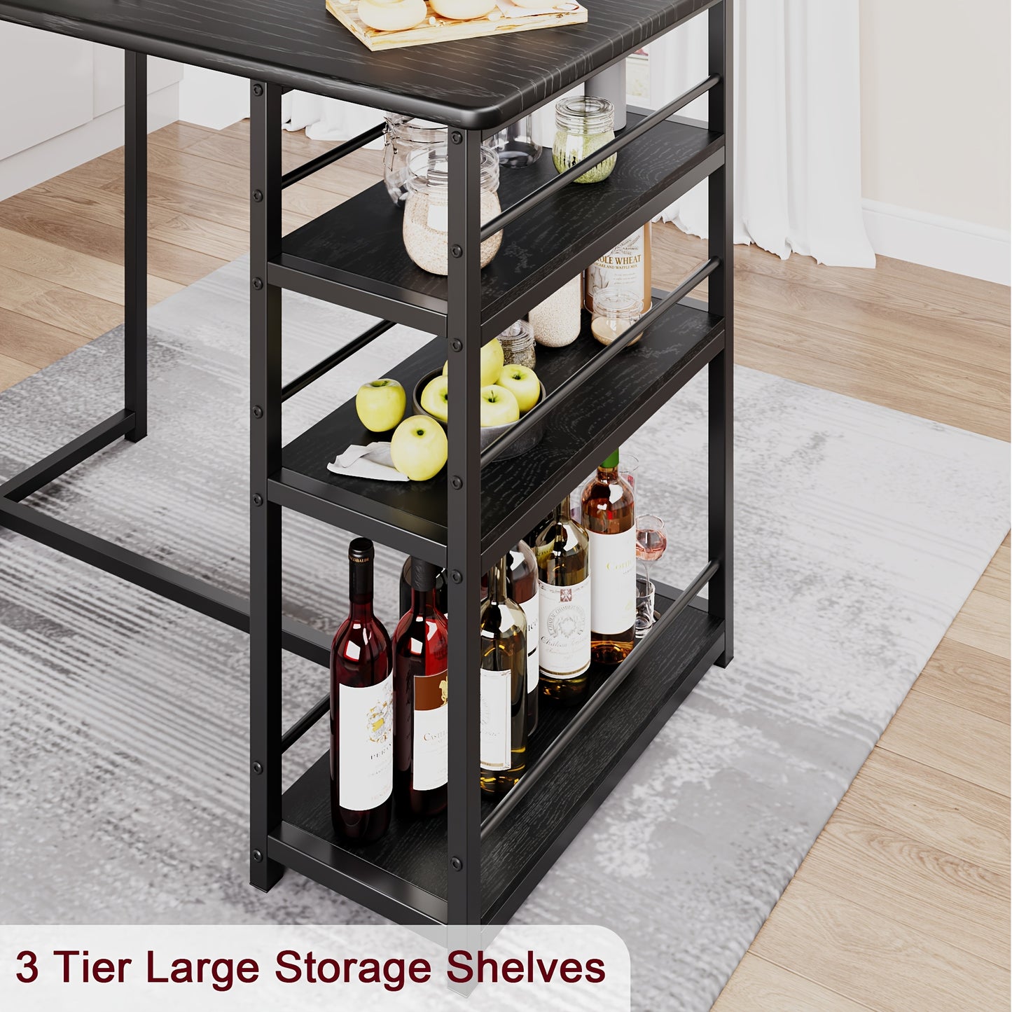 Eettafelset – Bar Tafelset – Keukentafel – Bistro Set – Stoelenset – Compact Ruimtebesparend Ontwerp – Met 3 Opbergruimtes – Matzwarte Metalen Frame