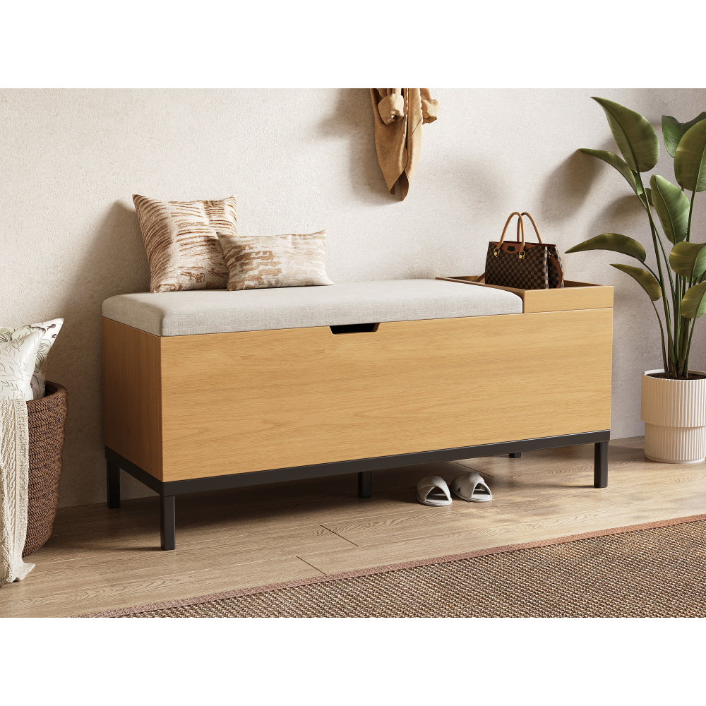 Opbergbank – Zitbank – Opbergbox – Halbank – Opbergkist – MDF Materiaal – Kantelbeveiliging – Comfortabele Zitting – 115x40x49,5 cm – Beige/Lichtgrijs