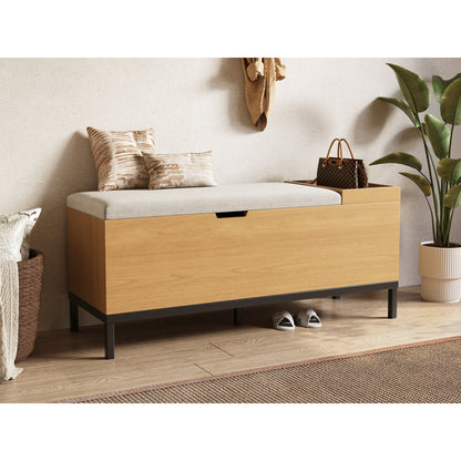 Opbergbank – Zitbank – Opbergbox – Halbank – Opbergkist – MDF Materiaal – Kantelbeveiliging – Comfortabele Zitting – 115x40x49,5 cm – Beige/Lichtgrijs