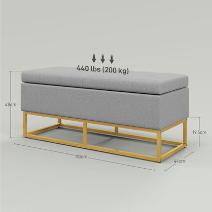 Opbergbank – Opbergbank – Zitbank – Opbergkist – Halbank – Polyester Bekleding – Gouden Stalen Onderstel – 110x44x48 cm – Grijs