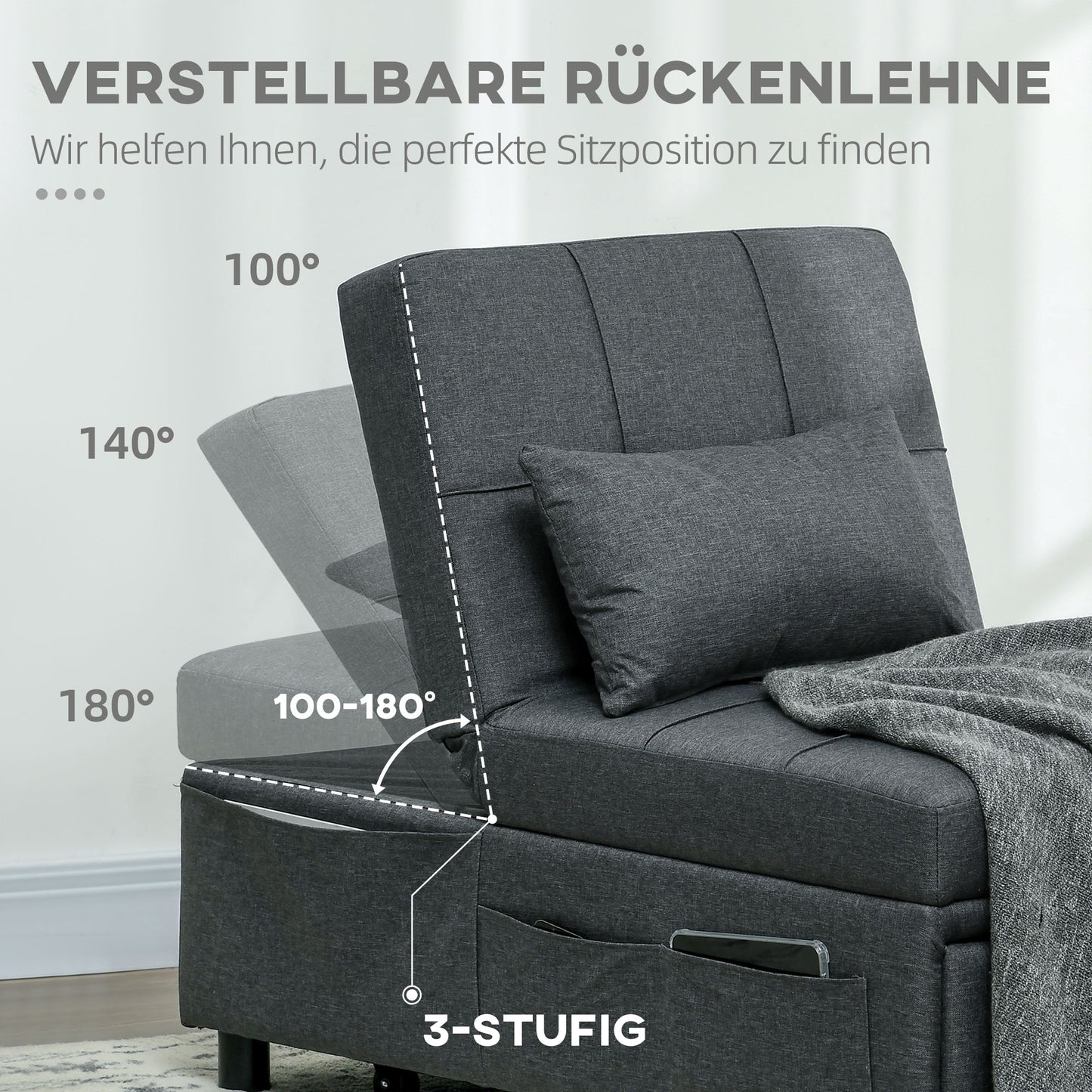 Relaxstoel – Fauteuil – Ligstoel – Slaapstoel – Zitstoel – 3-in-1 Multifunctioneel – Donkergrijs Linnen-look – Inclusief Comfortabel Kussen – Max. 150 Kg Draagkracht