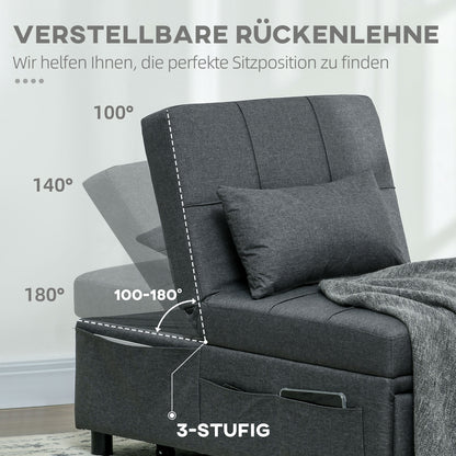 Relaxstoel – Fauteuil – Ligstoel – Slaapstoel – Zitstoel – 3-in-1 Multifunctioneel – Donkergrijs Linnen-look – Inclusief Comfortabel Kussen – Max. 150 Kg Draagkracht