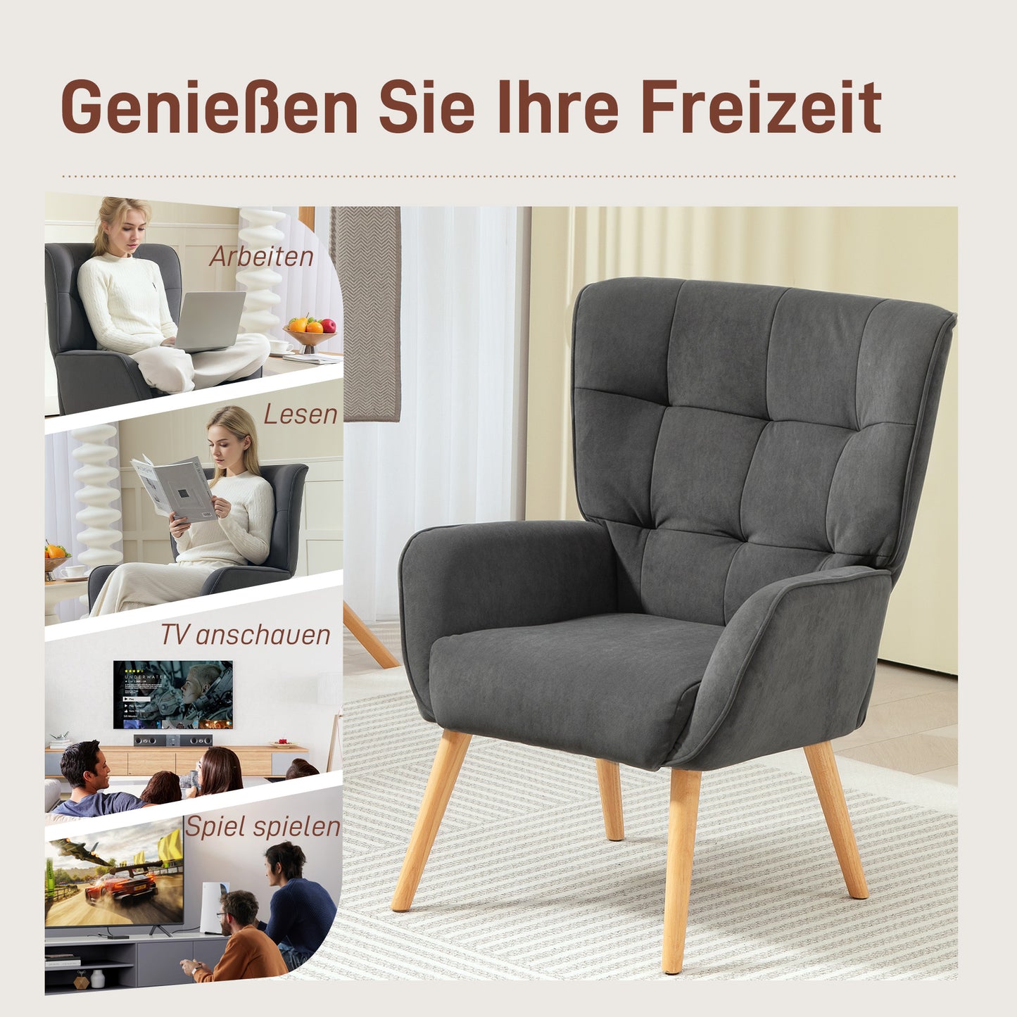 Fauteuil – Relaxfauteuil – Zitzak – Loungestoel – Armstoel – Velvetlook Bekleding – Max. Draaggewicht 120 Kg – Grijs
