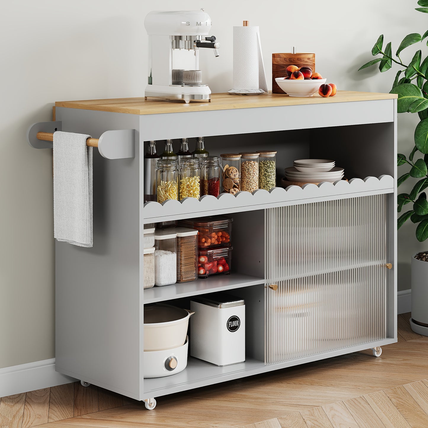 Keukeneiland – Keukentrolley – Buffetkast – Sideboard – Opbergkast – Grijs – Schuifdeur en Mobiel op Wieltjes – Ruime Opbergruimte met Open Vakken