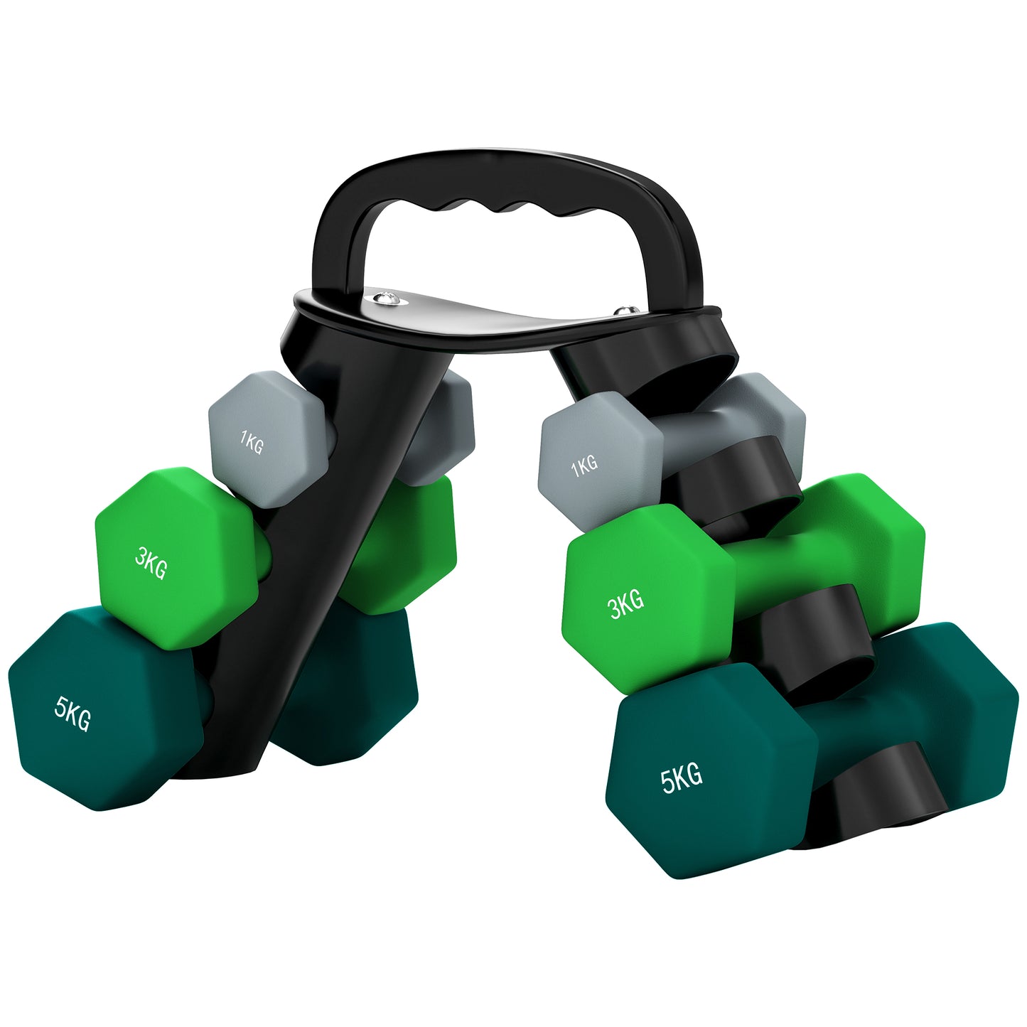 Halterset – Dumbbells – Dumbbellset – Gewichten – Fitnessset – 6-delig – Verstelbare gewichten 1-5 kg – Inclusief compact opbergrek