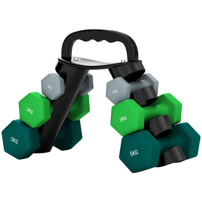 Halterset – Dumbbells – Dumbbellset – Gewichten – Fitnessset – 6-delig – Verstelbare gewichten 1-5 kg – Inclusief compact opbergrek
