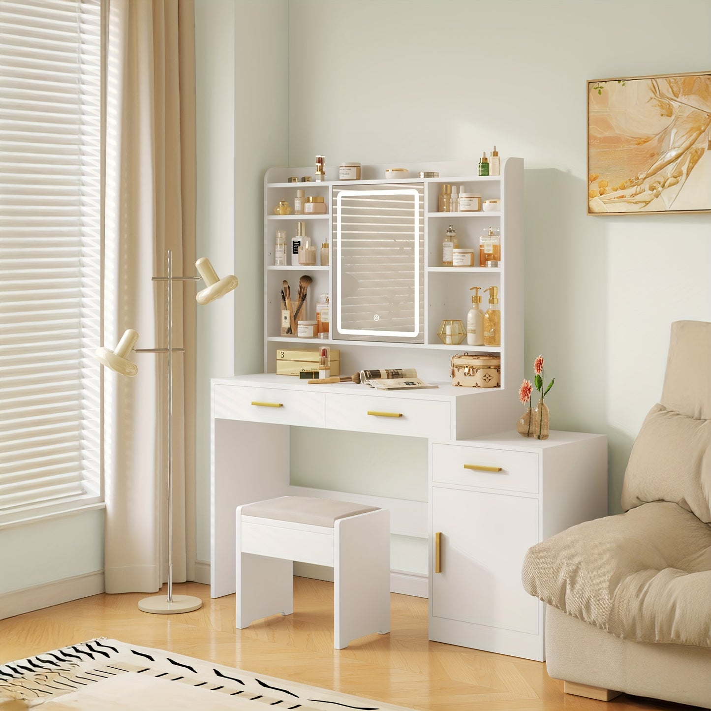 Dressing Table with Large Mirror, 3 Drawers and 1 Cabinet, Open Multi-Layer Shelves, Suitable for Bedroom, Wardrobe, 40 x 100 x 149cm, White, Jewelry Armoires - QUORE
