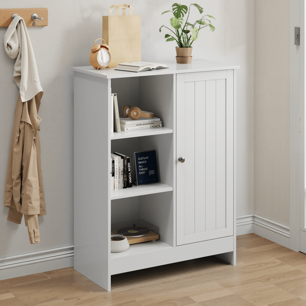 Dressoir – Ladekast – Opbergkast – Buffetkast – Kast – Wit – 1 Deur & 3 Open Vakken – Verstelbare Planken – Compact 60x30x80 cm