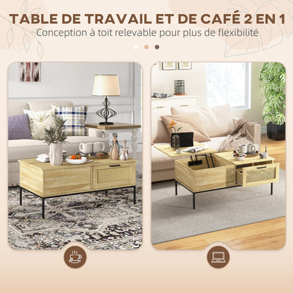 Salontafel – Koffietafel – Woonkamertafel – Bijzettafel – Tafelblad Met Verhoger – 2 Grote Lades – Stalen Poten – 106 x 56,3 x 48 cm – Natuurlijke Houtlook